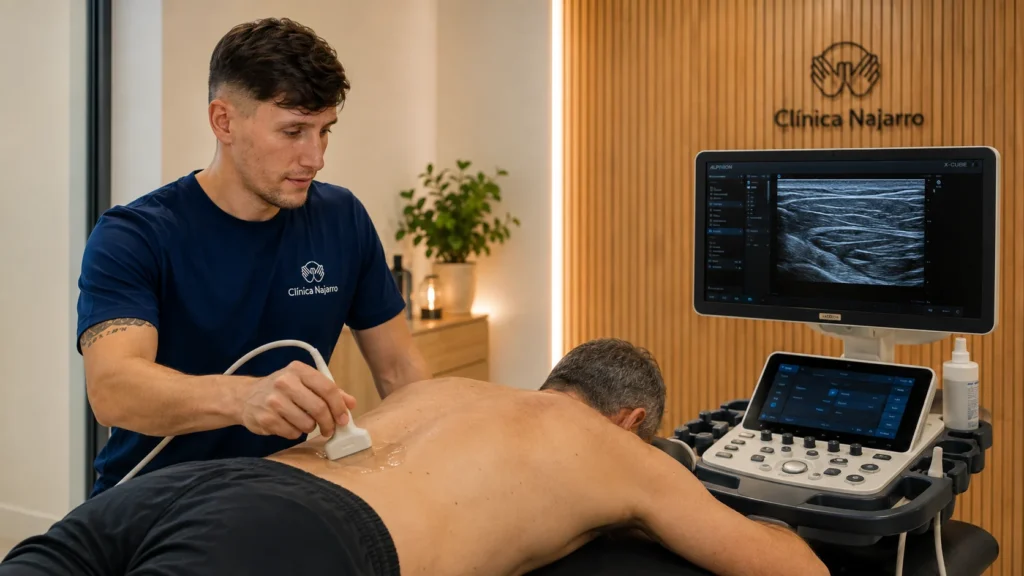 Adrián Najarro realizando ecografía funcional lumbar a un paciente en Fisioterapia Najarro Zaragoza