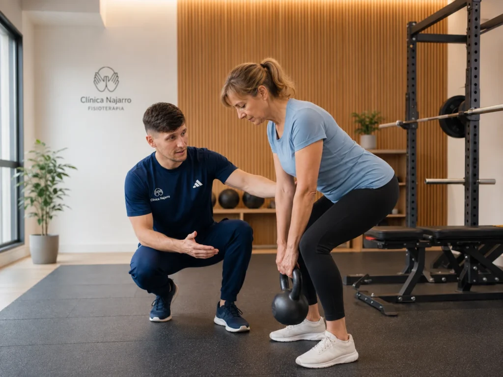 Adrián Najarro guiando ejercicio terapéutico lumbar con kettlebell a una paciente en Zaragoza