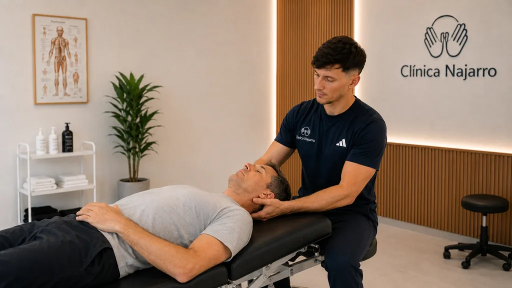 Adrián Najarro realizando terapia manual cervical a un paciente en Fisioterapia Najarro Zaragoza