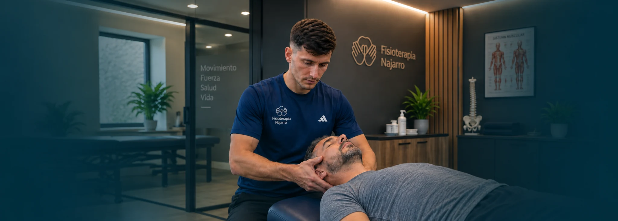 Adrián Najarro realiza terapia manual cervical a un paciente en Fisioterapia Najarro, Zaragoza.