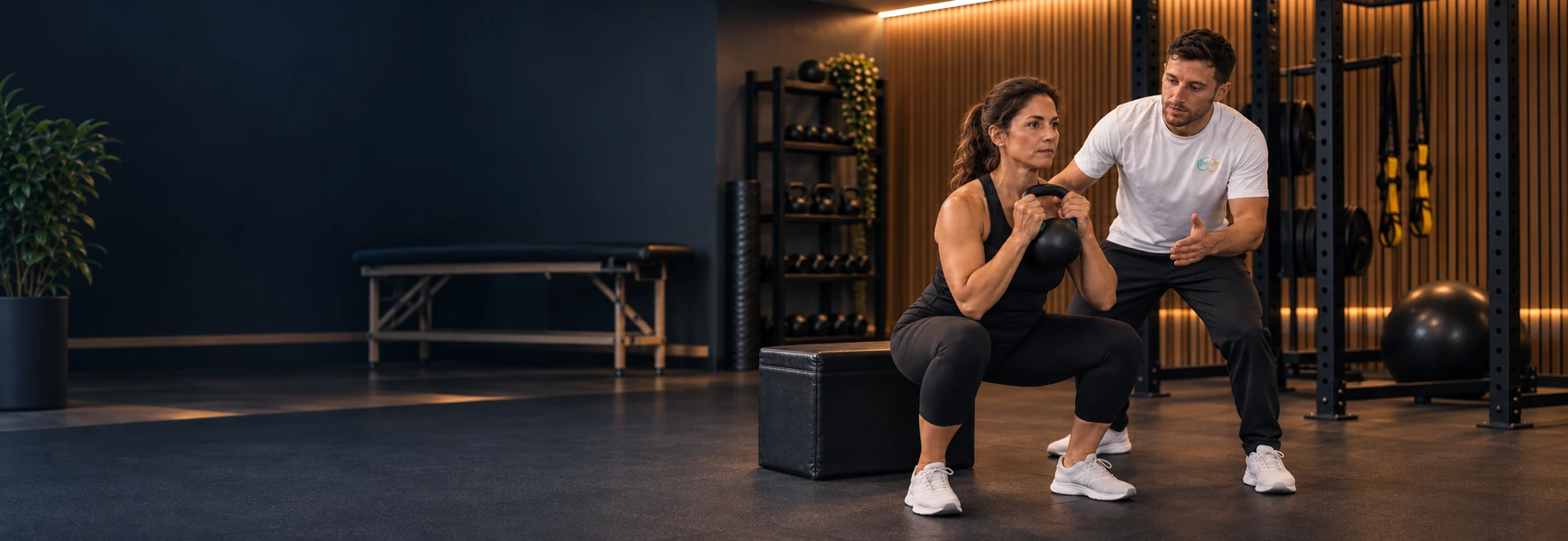Asier guiando un ejercicio de fuerza con kettlebell durante una rehabilitación lumbar en Fisioterapia Najarro, Zaragoza.