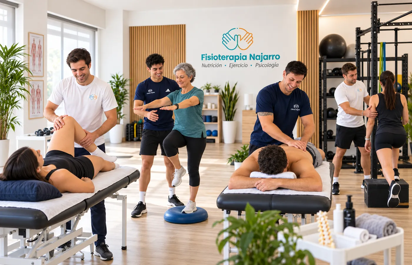Equipo de Fisioterapia Najarro atendiendo a distintos pacientes en la clínica de Zaragoza.