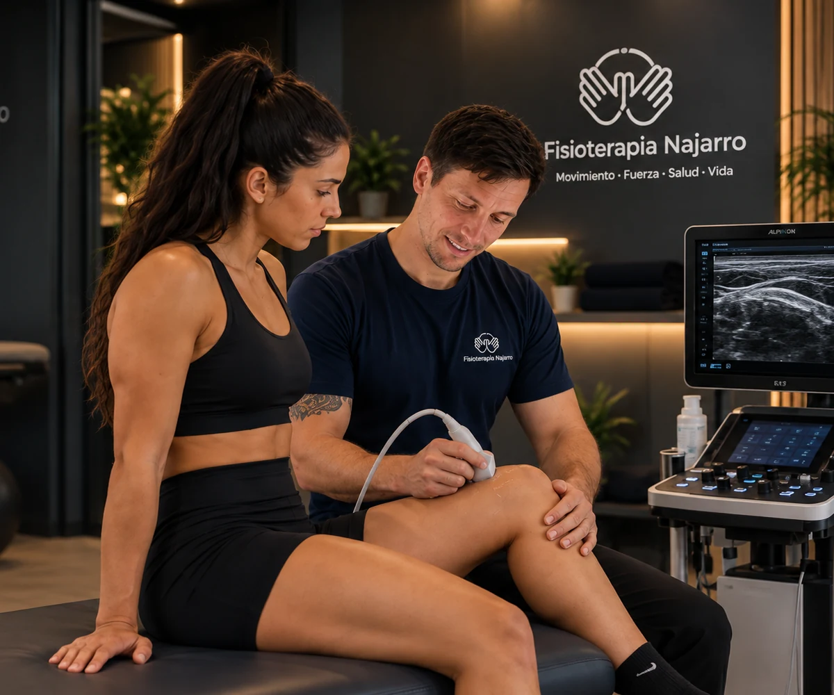 Valoración ecográfica de rodilla en Fisioterapia Najarro durante el tratamiento de una tendinopatía rotuliana.