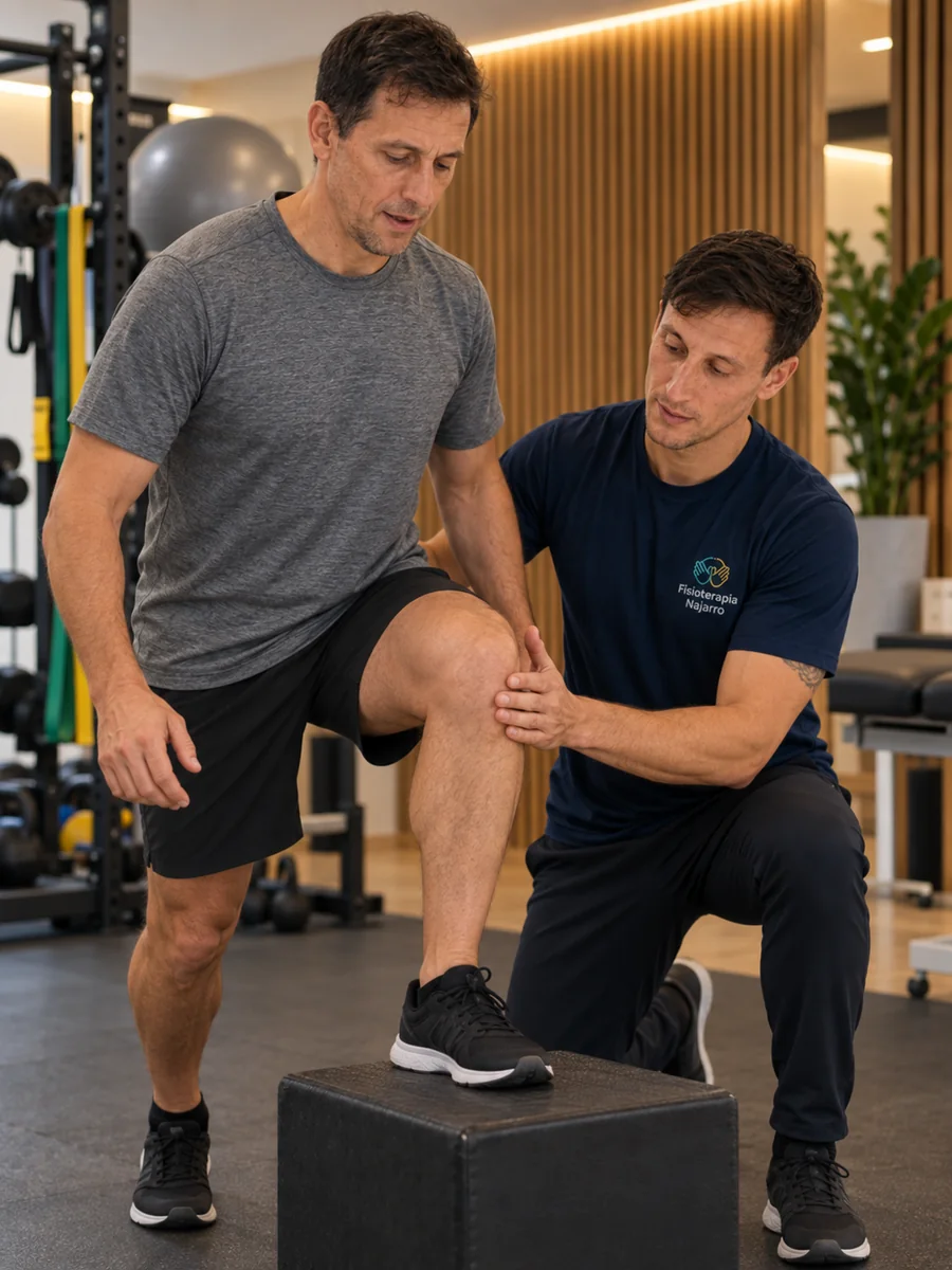 Adrián Najarro guiando un ejercicio de rehabilitación de rodilla de un paciente en Zaragoza