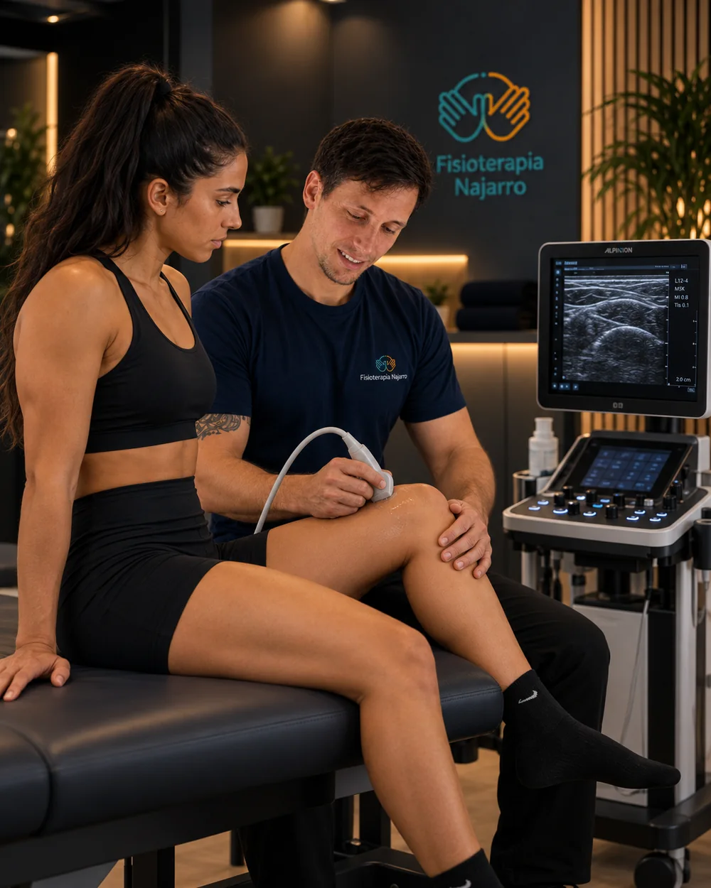 Adrián Najarro realizando una ecografía musculoesquelética de rodilla a una paciente en Fisioterapia Najarro, Zaragoza