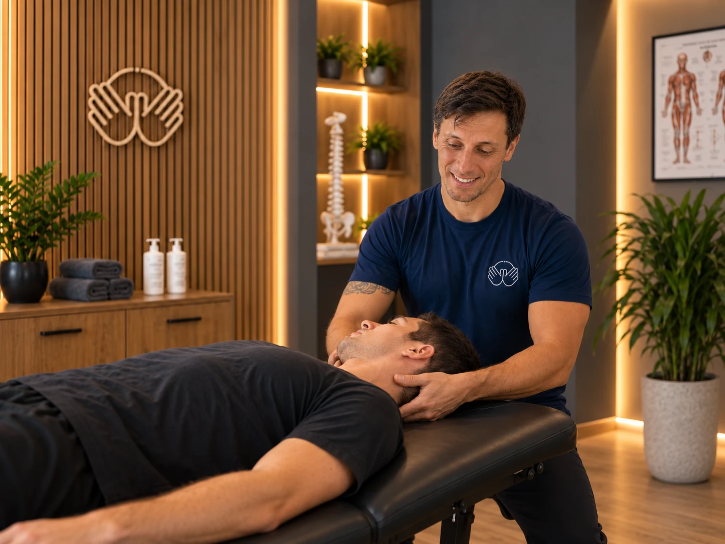 Valoración cervical en Fisioterapia Najarro, Zaragoza, con Adrián realizando terapia manual a un paciente.