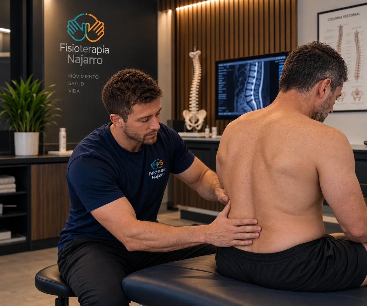 Asier realizando una valoración lumbar a un paciente de mediana edad en Fisioterapia Najarro, Zaragoza